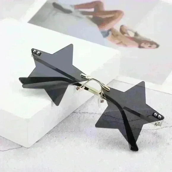 Geometric Rimless Star Sunglasses Black Gold Fun Festival Party EDM New Year’s - Picture 4 of 9